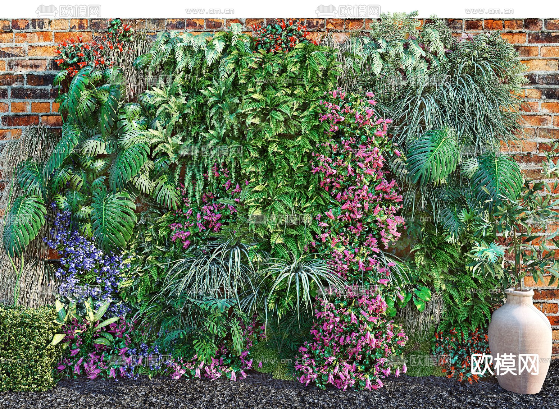 现代绿植植物墙3d模型下载（渲染图1）