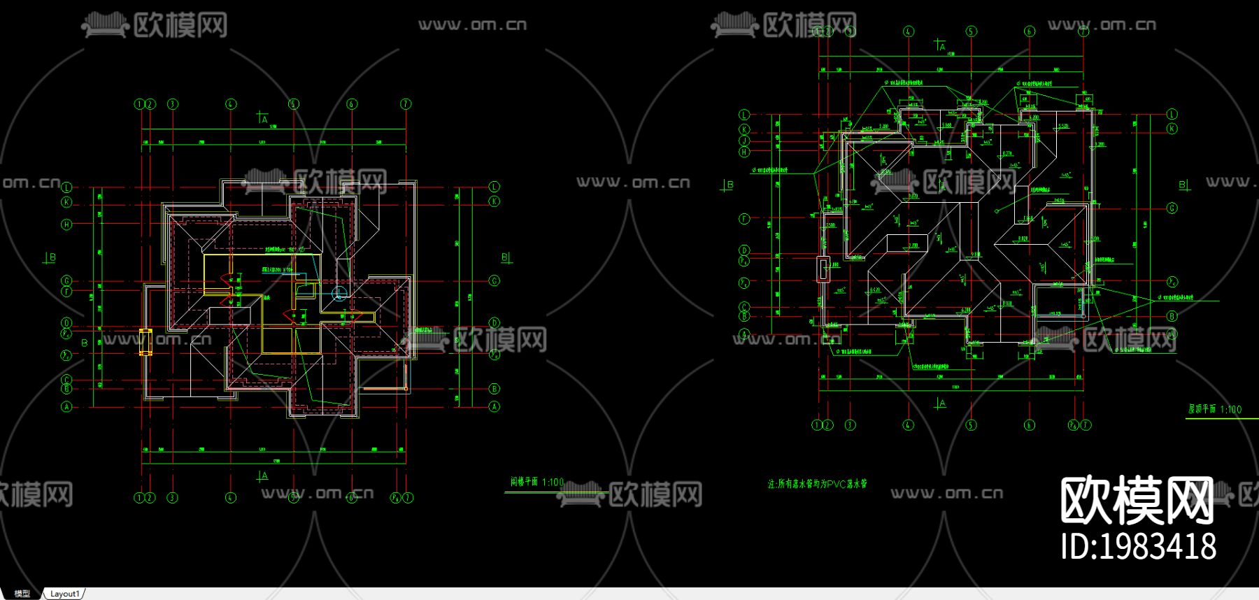 别墅住宅cad施工图下载（渲染图2）