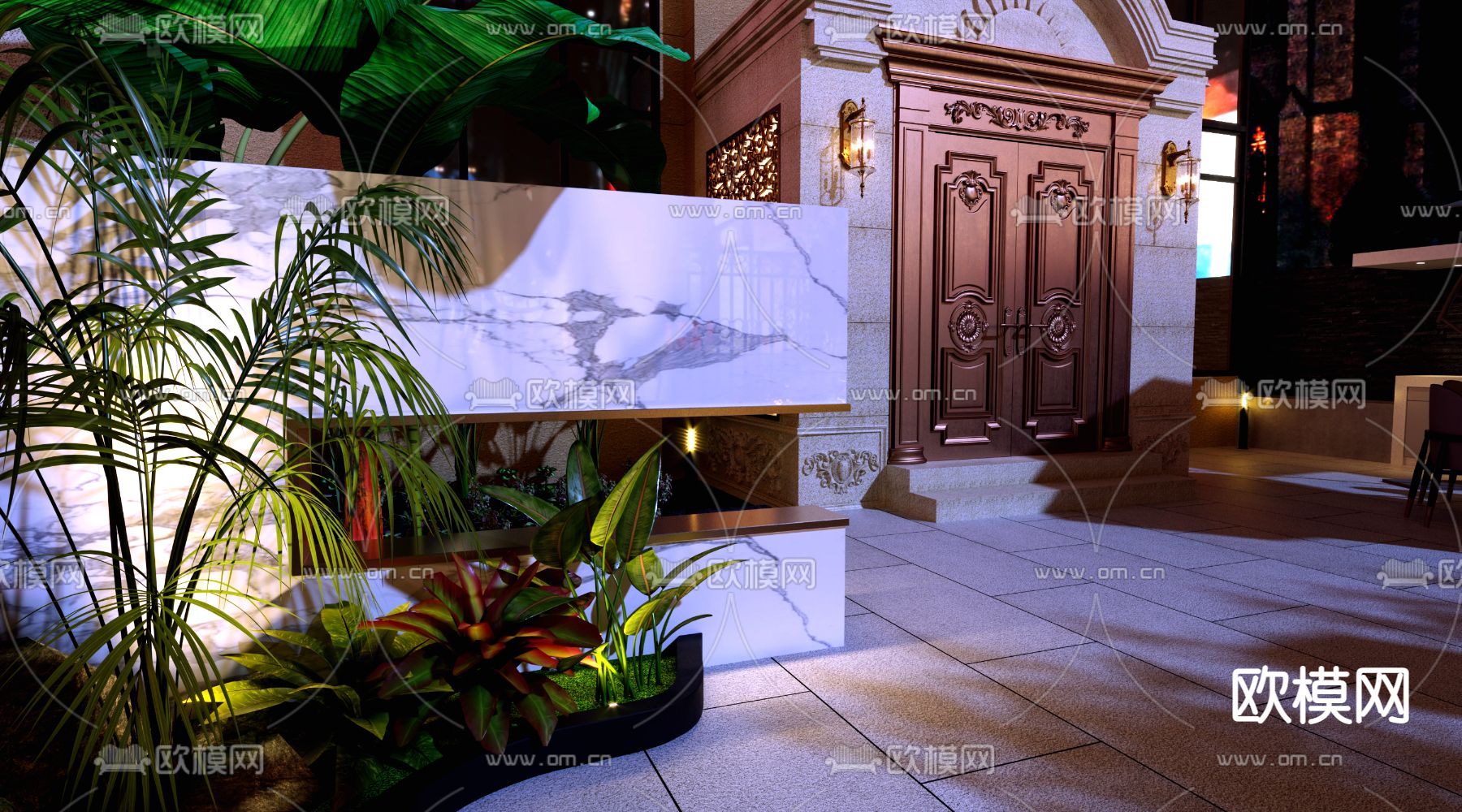 简欧庭院小院夜景3d模型下载（渲染图4）