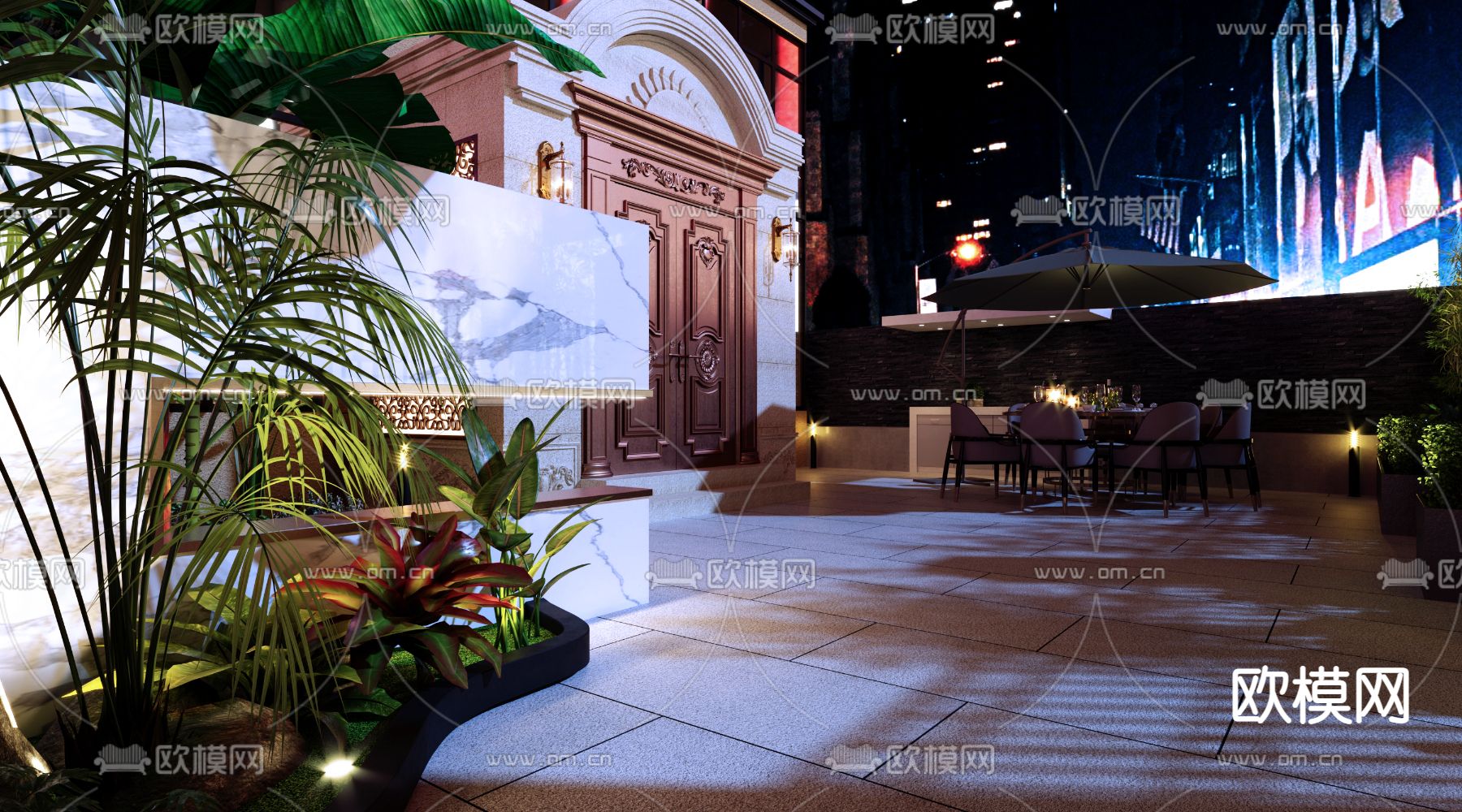 简欧庭院小院夜景3d模型下载（渲染图2）