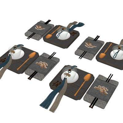  新中式餐具su模型 