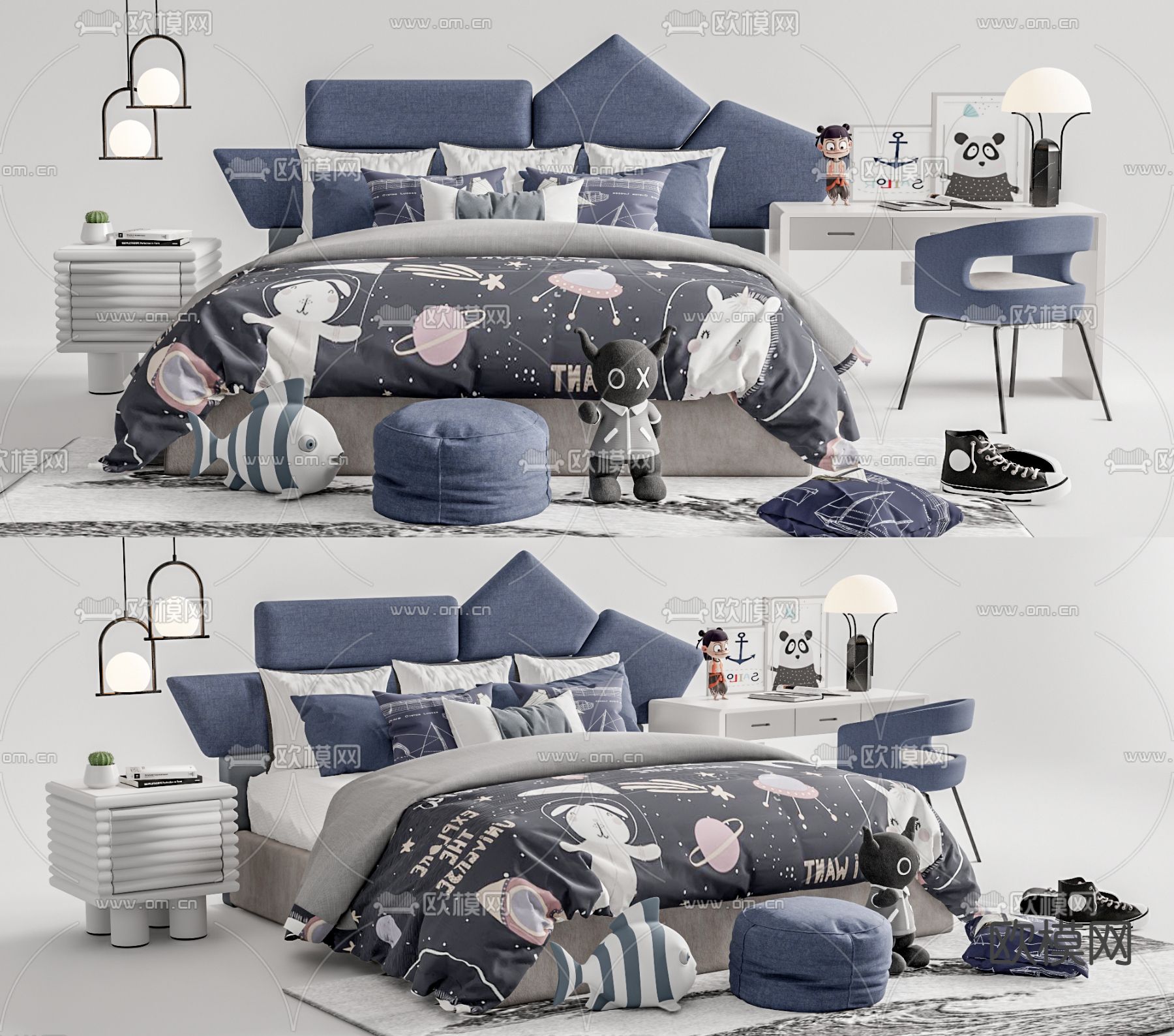 现代儿童双人床su模型下载（渲染图1）