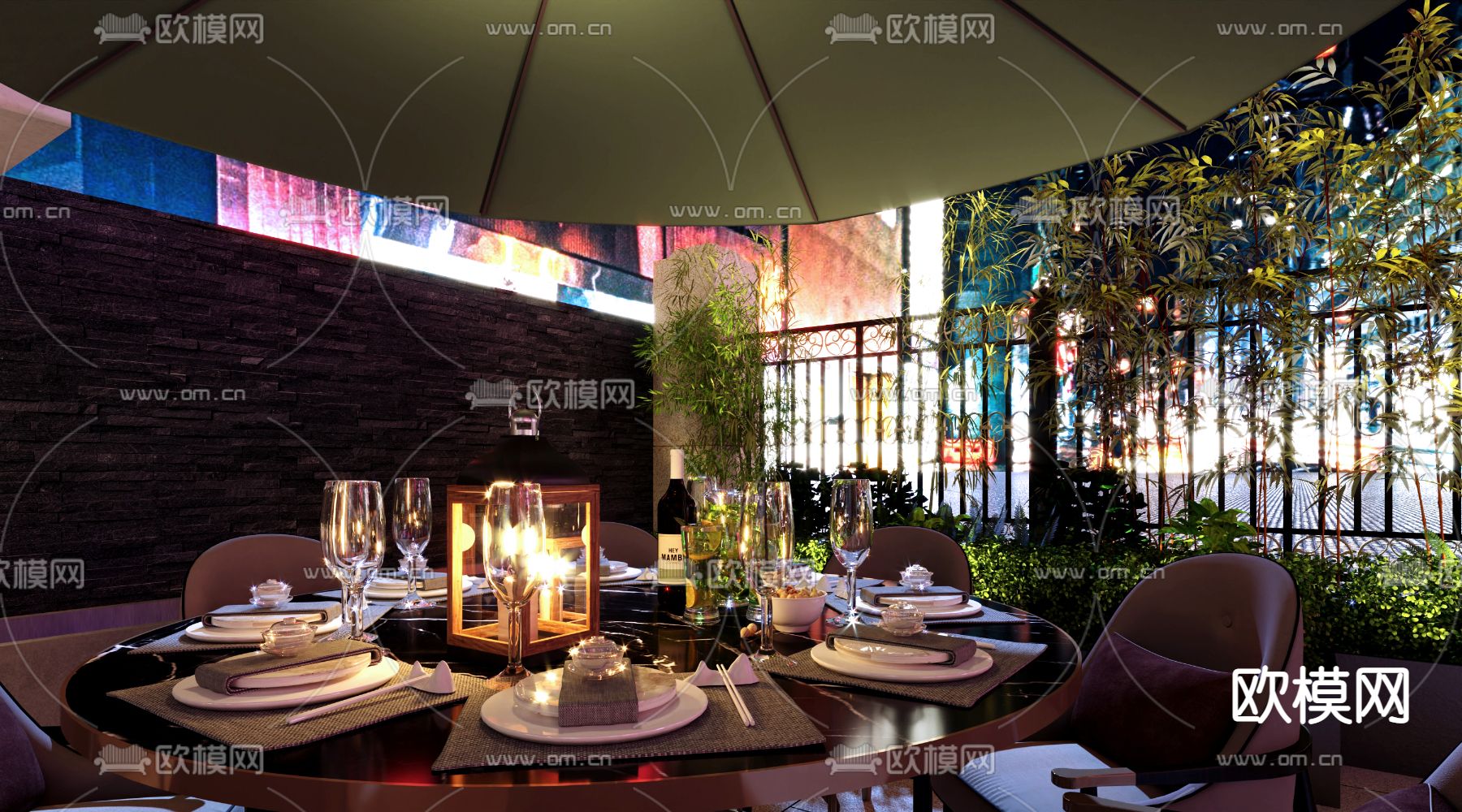 简欧庭院小院夜景3d模型下载（渲染图1）