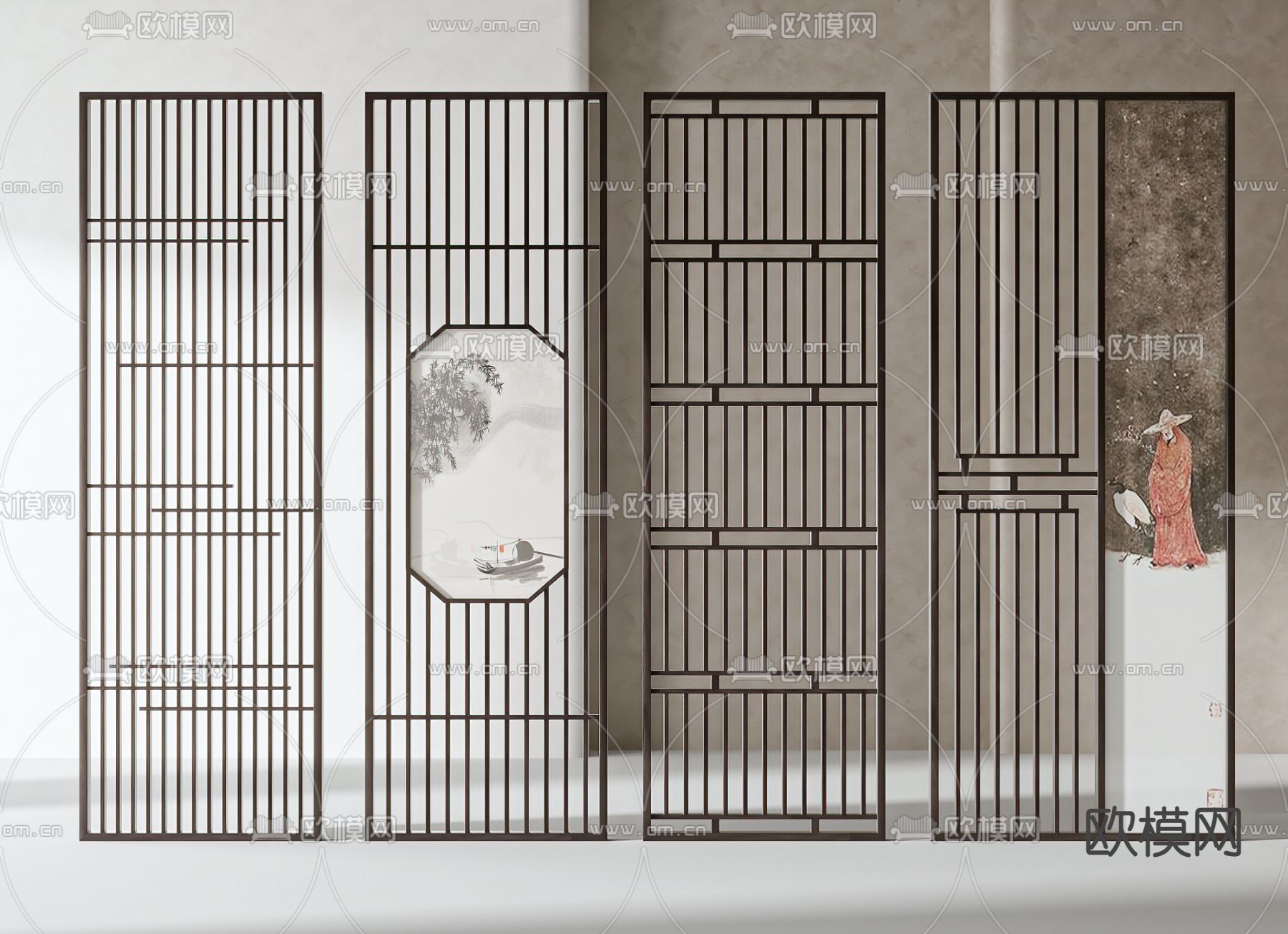新中式镂空屏风隔断3d模型下载