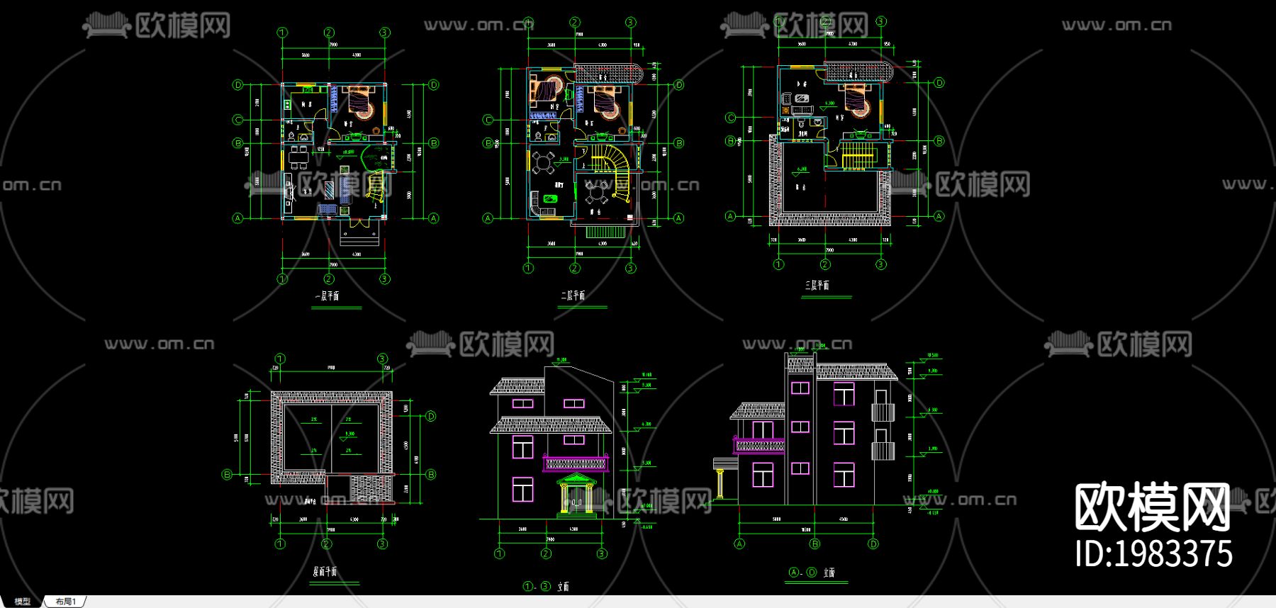别墅住宅cad施工图下载