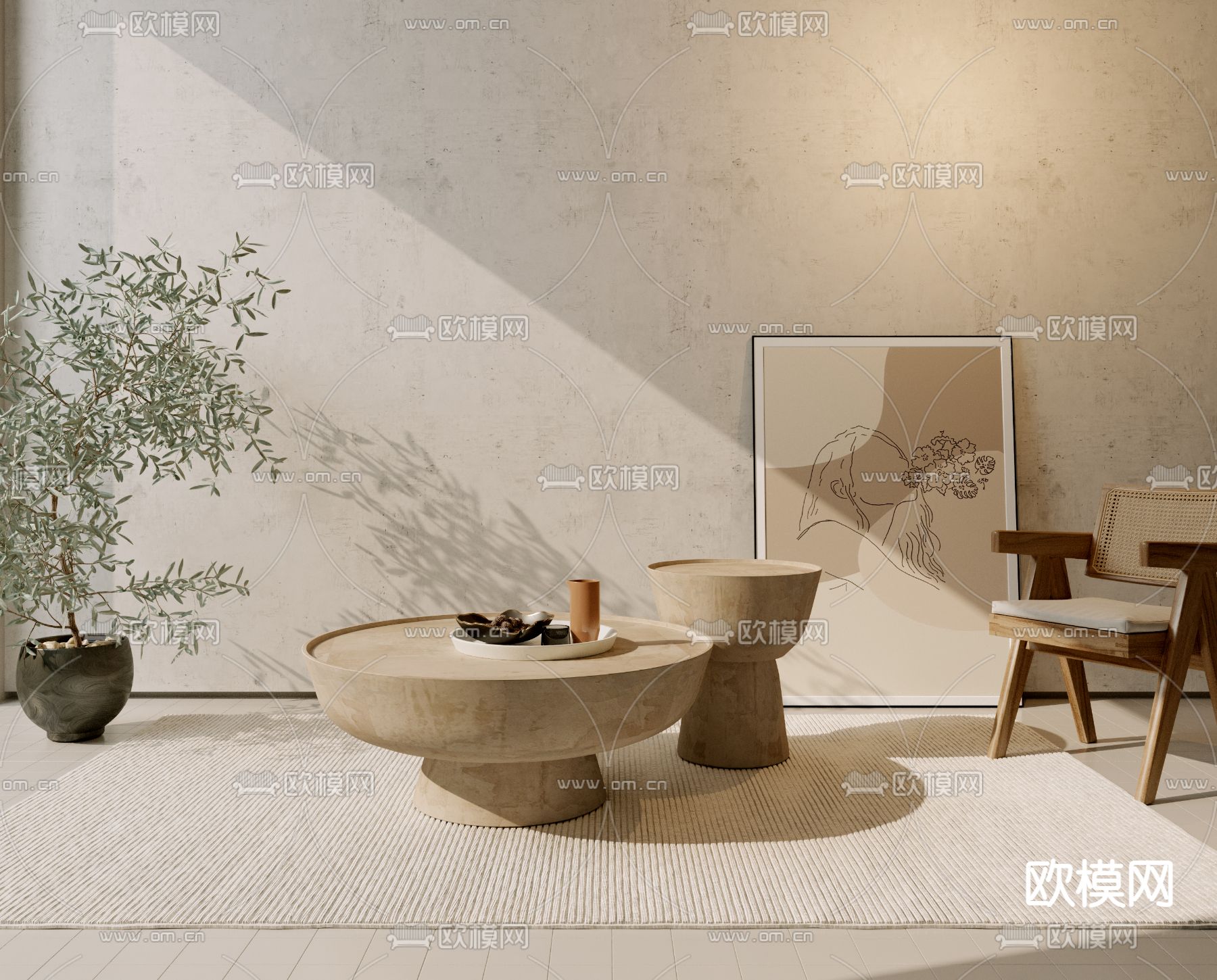 侘寂风实木茶几3d模型下载（渲染图1）