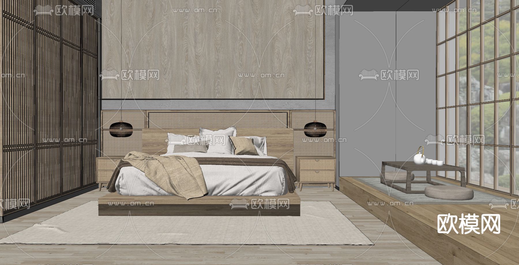 日式布艺双人床su模型下载（渲染图2）