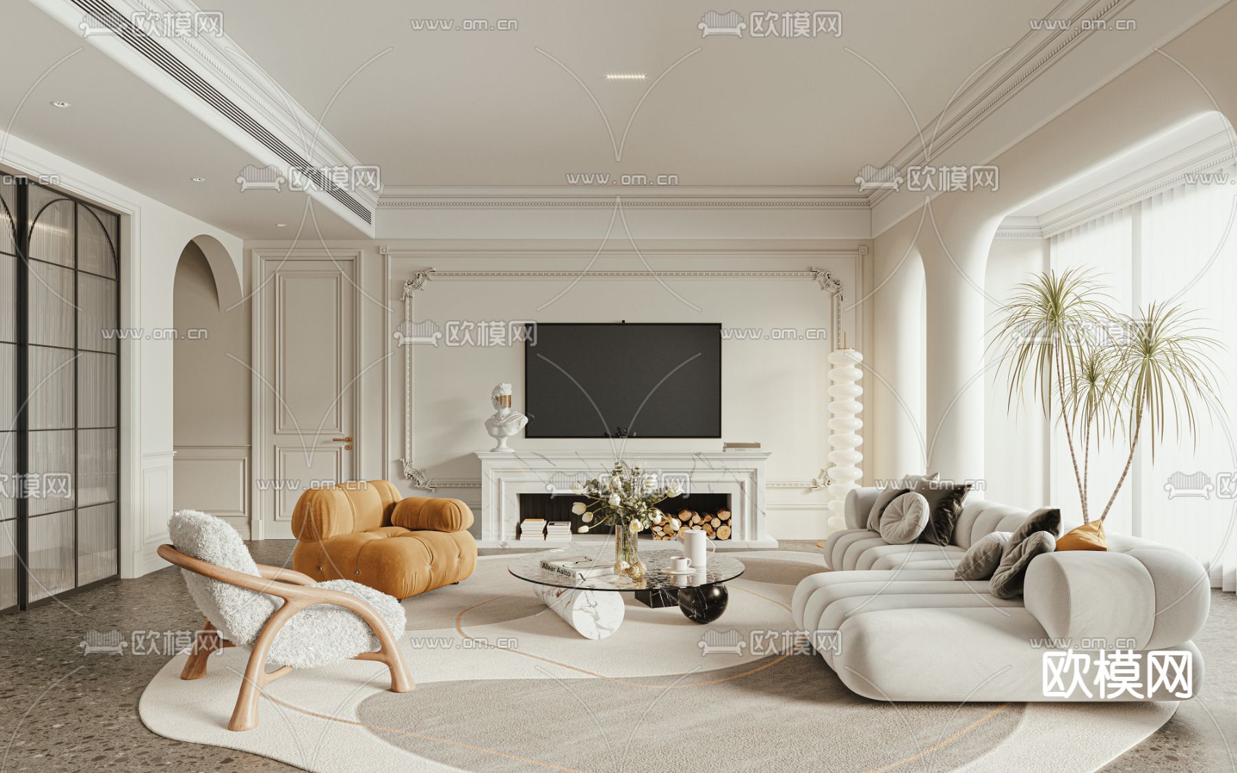 法式布艺沙发组合su模型下载（渲染图1）