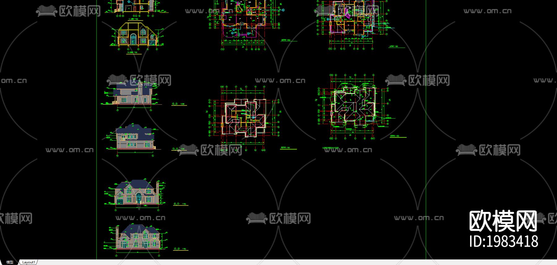 别墅住宅cad施工图下载（渲染图1）