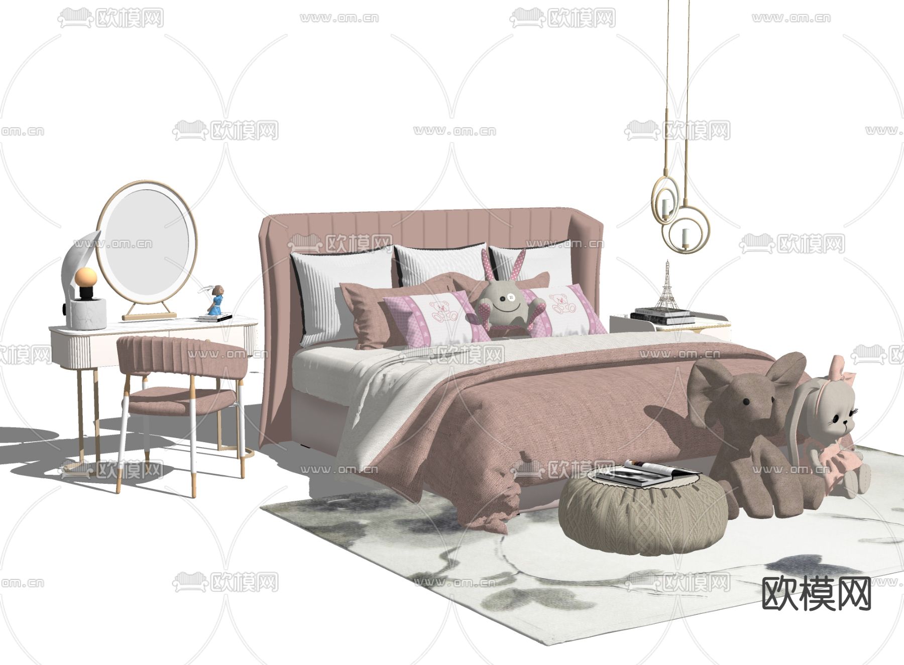 现代儿童双人床su模型下载（渲染图2）
