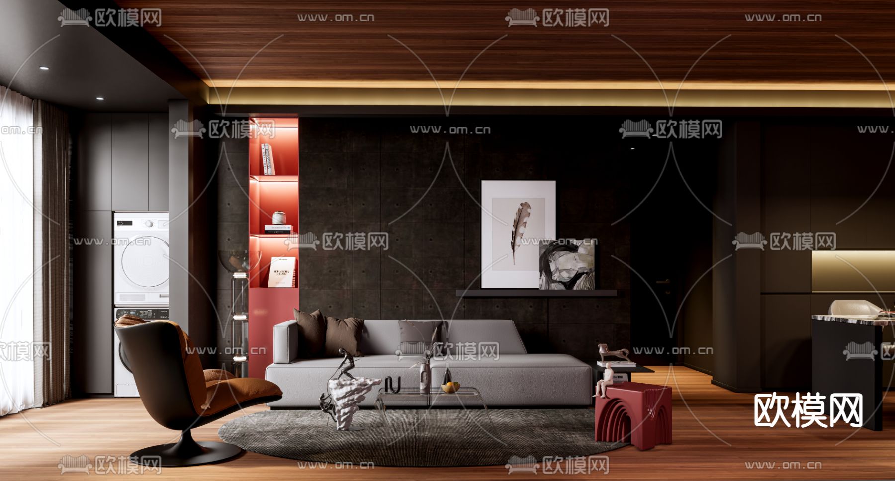 现代高级灰客厅餐厅su模型下载（渲染图1）