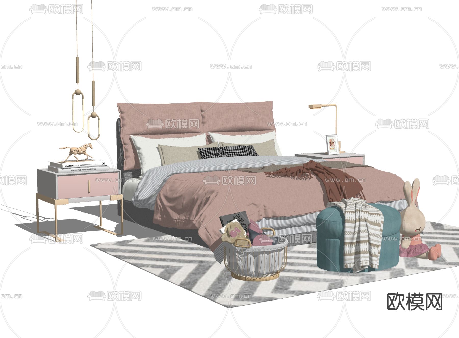现代儿童双人床su模型下载（渲染图2）