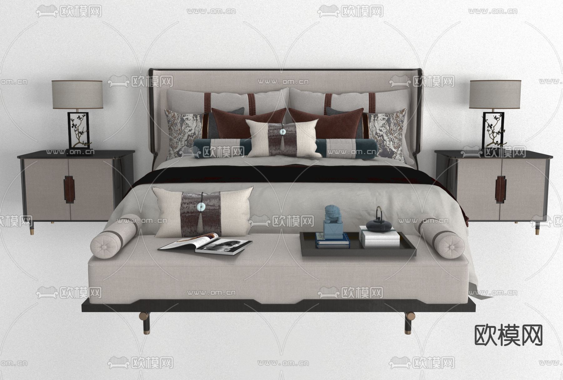 新中式布艺双人床免费3d模型下载