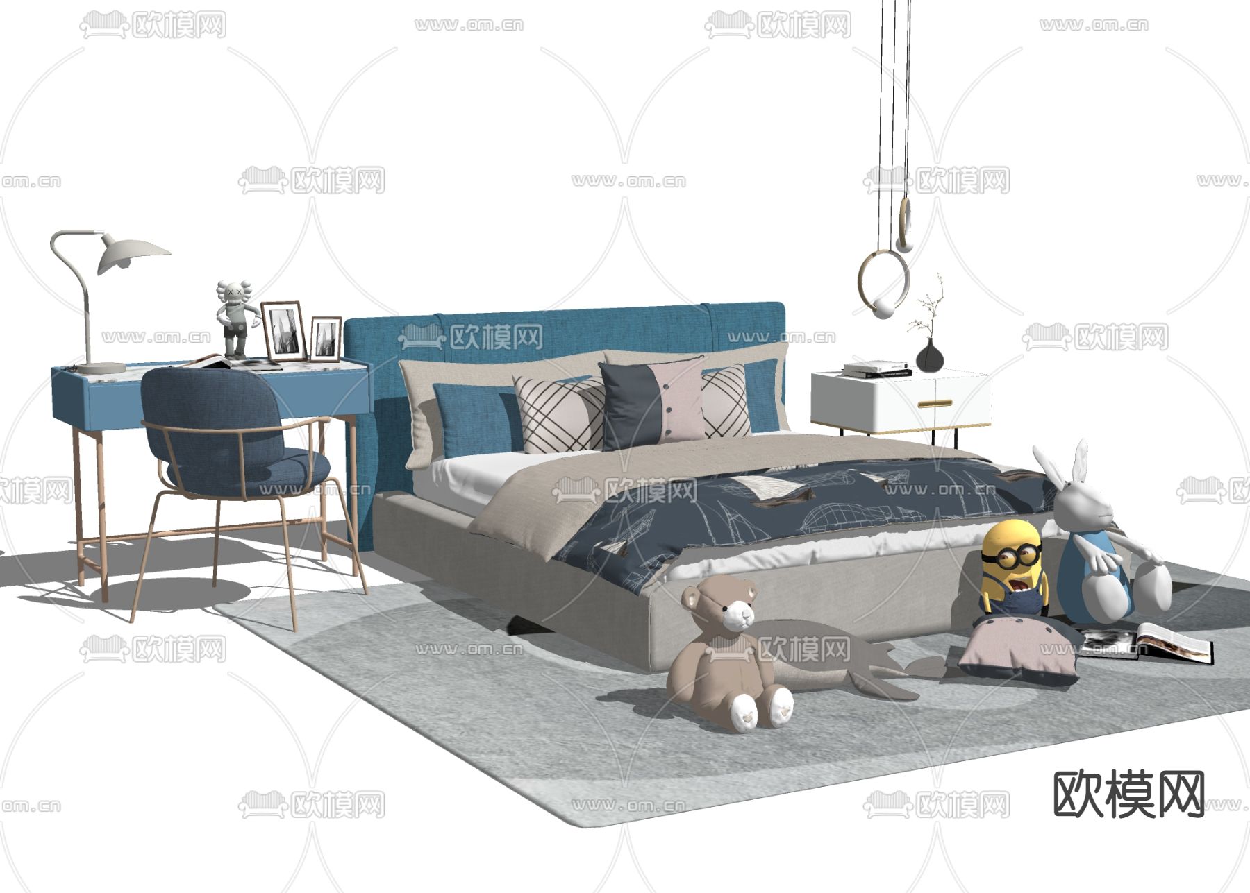 现代儿童双人床su模型下载（渲染图2）