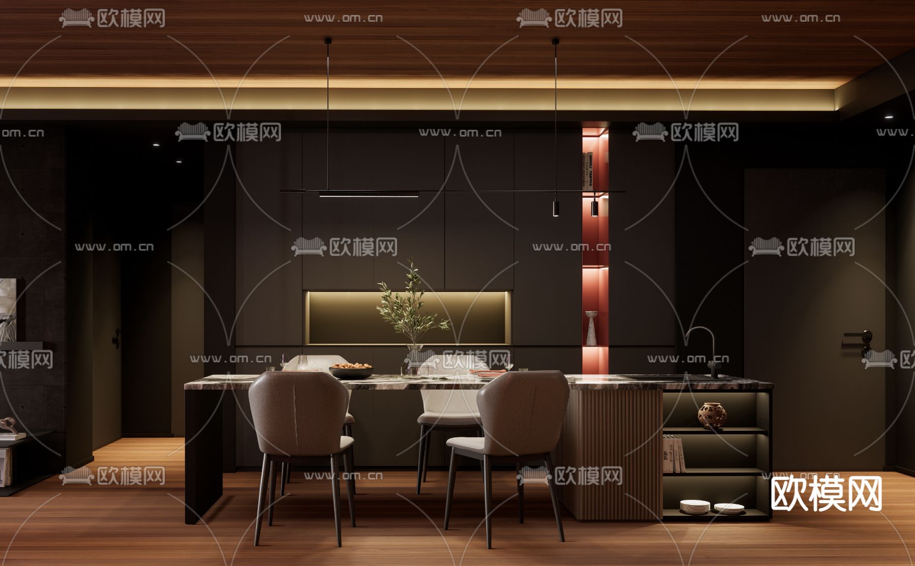 现代高级灰客厅餐厅su模型下载（渲染图2）