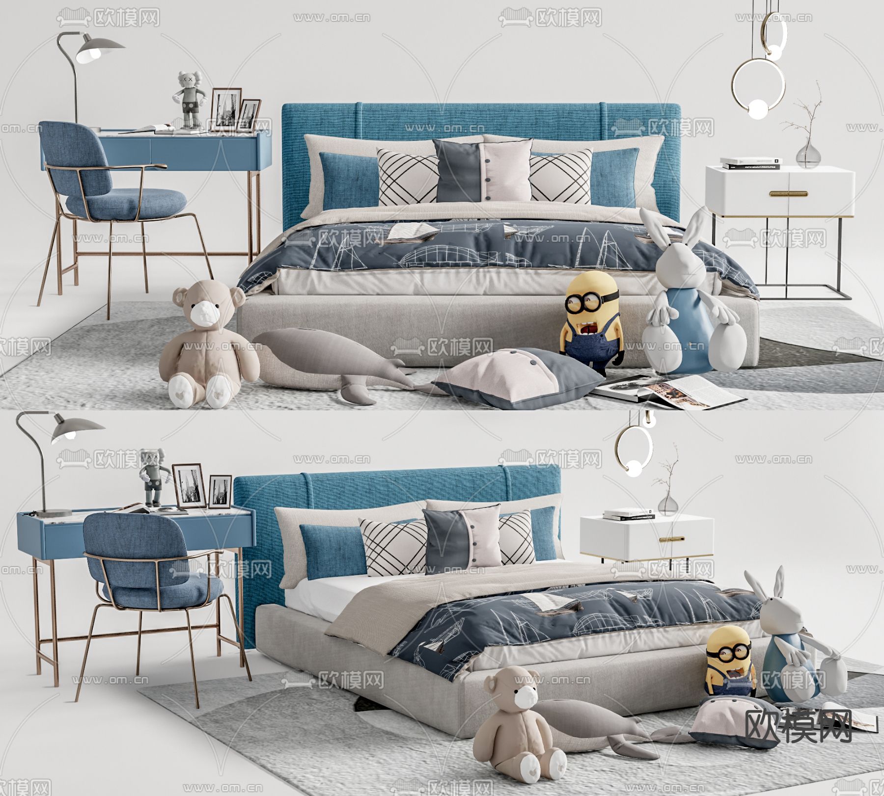 现代儿童双人床su模型下载（渲染图1）