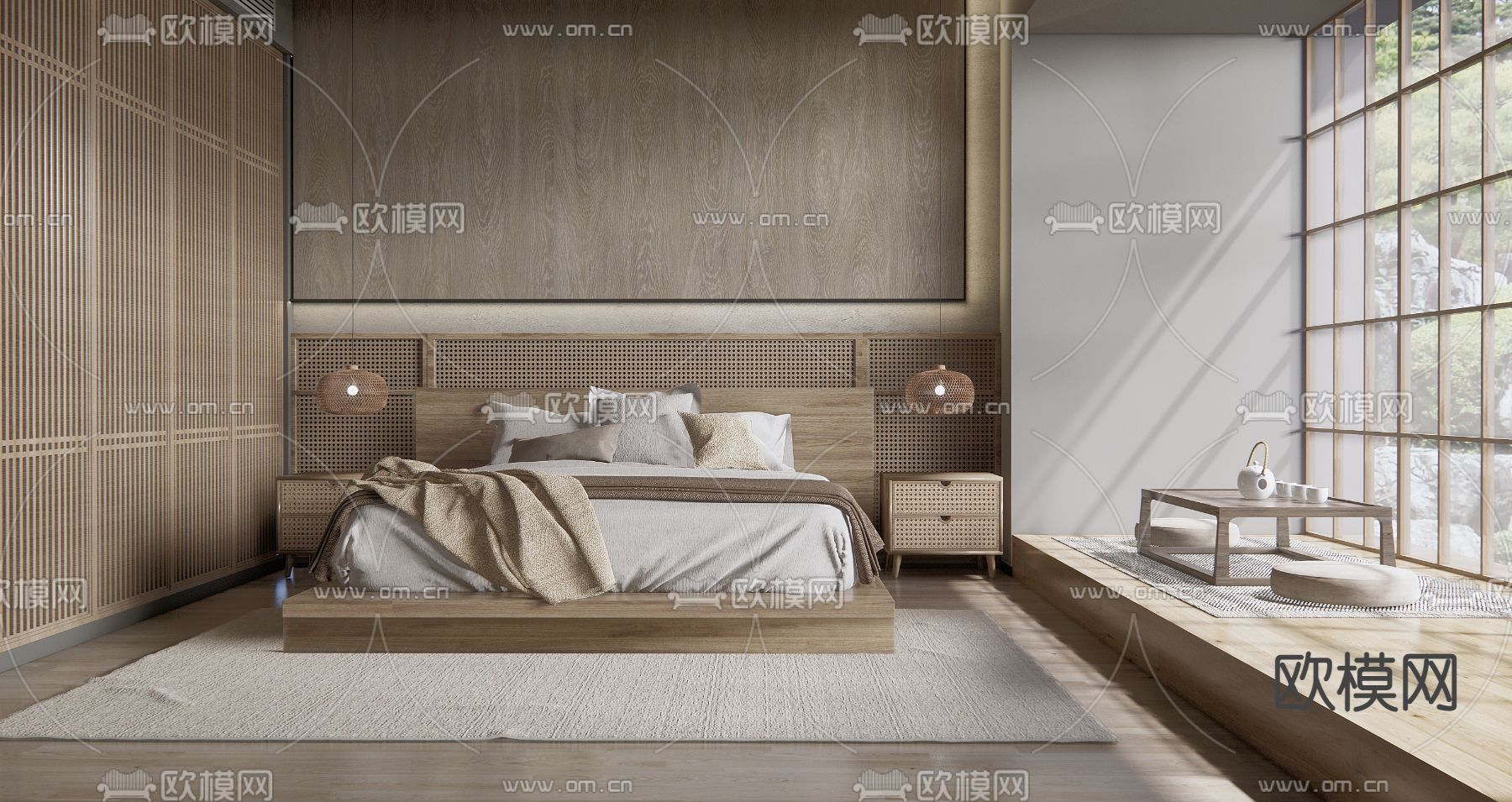 日式布艺双人床su模型下载（渲染图1）