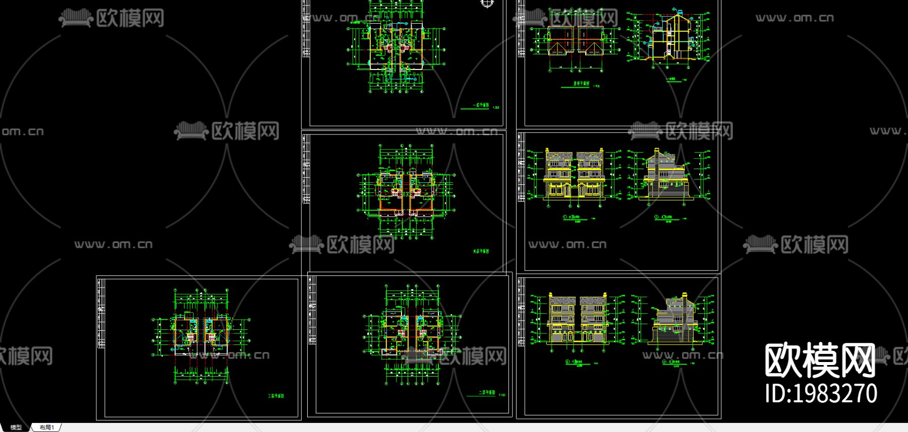 双联别墅建筑cad施工图-免费3dmax模型库-欧模网