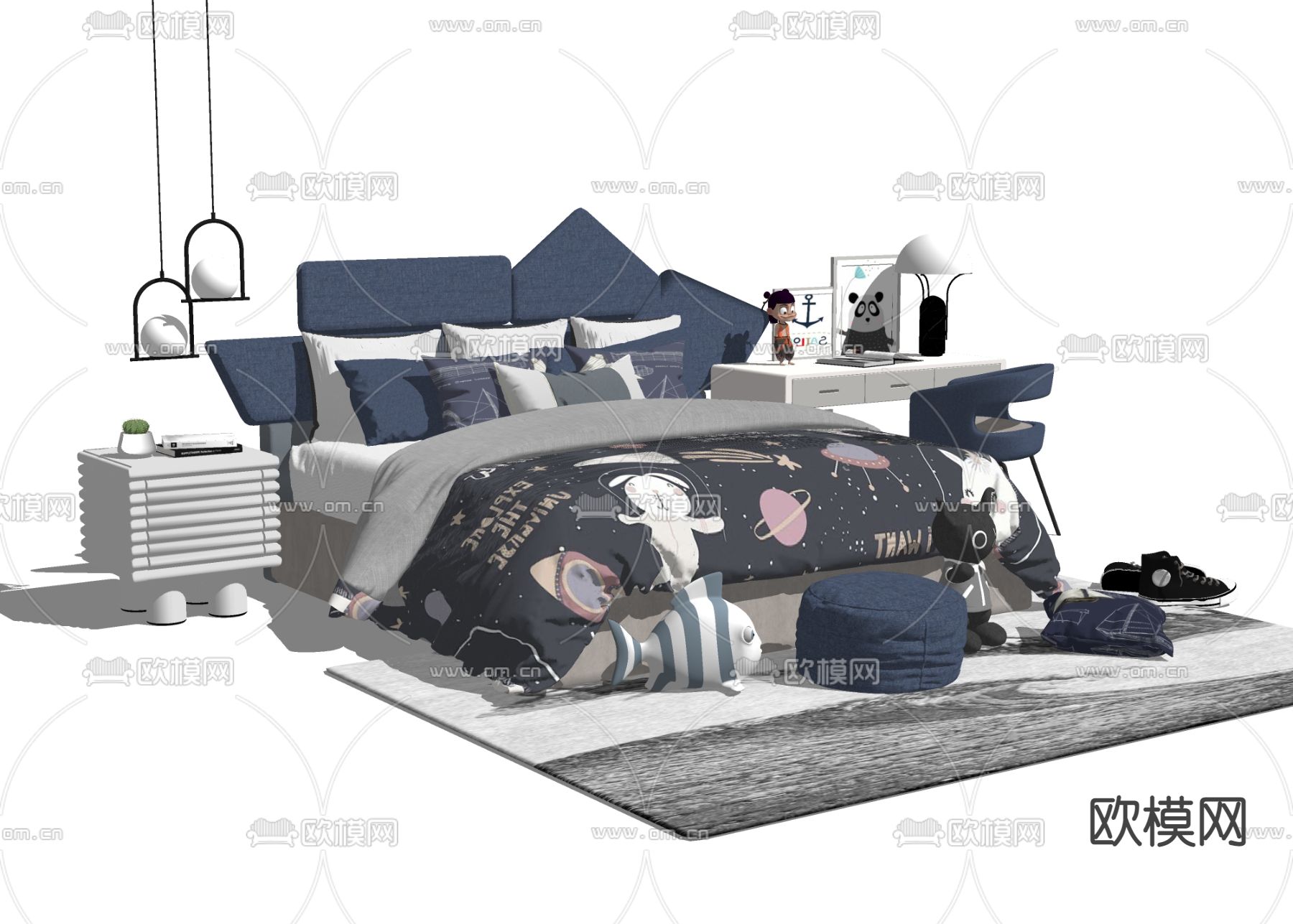 现代儿童双人床su模型下载（渲染图2）