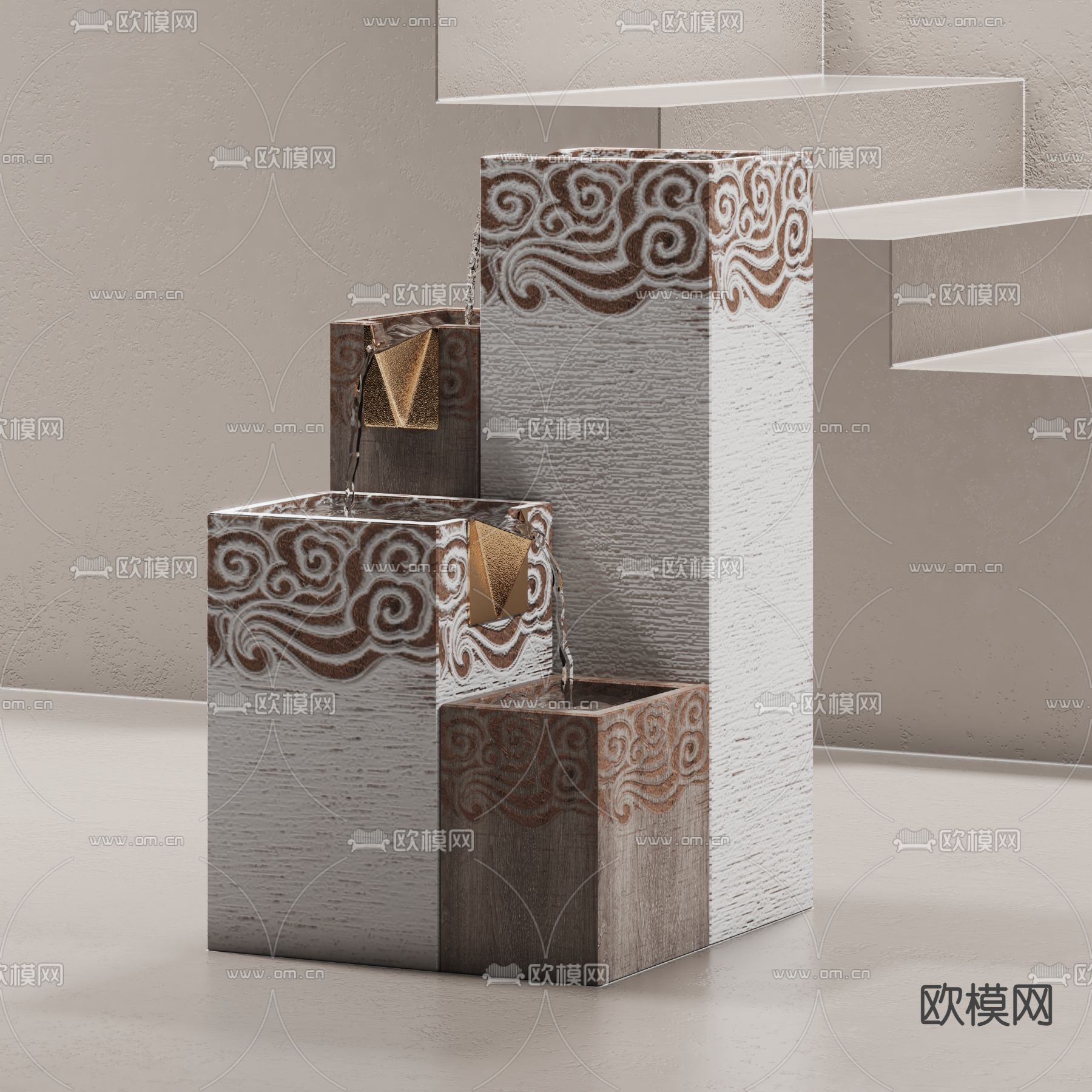 新中式流水池小品3d模型下载