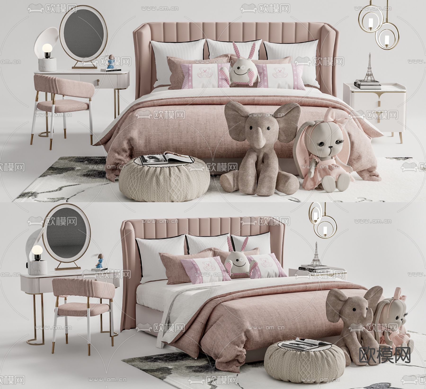 现代儿童双人床su模型下载（渲染图1）