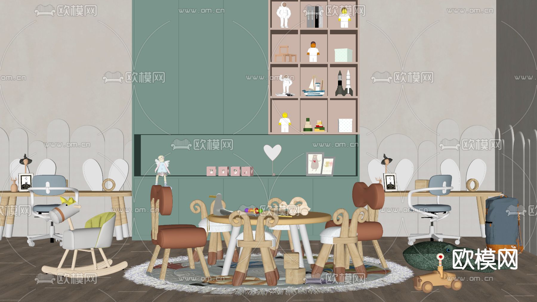 现代儿童桌椅组合su模型下载（渲染图2）