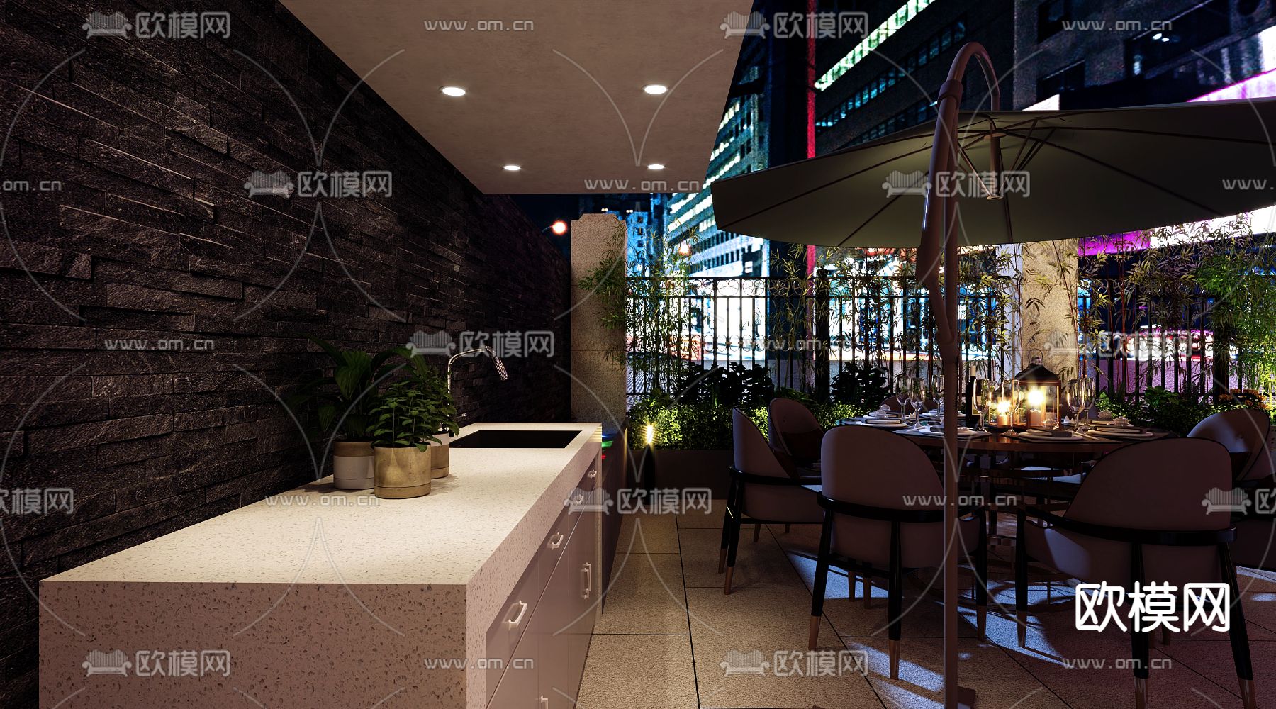 简欧庭院小院夜景3d模型下载（渲染图3）