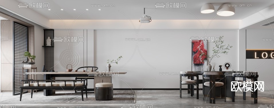 新中式餐厅茶室3d模型下载_ID11821696_3dmax免费模型-欧模网