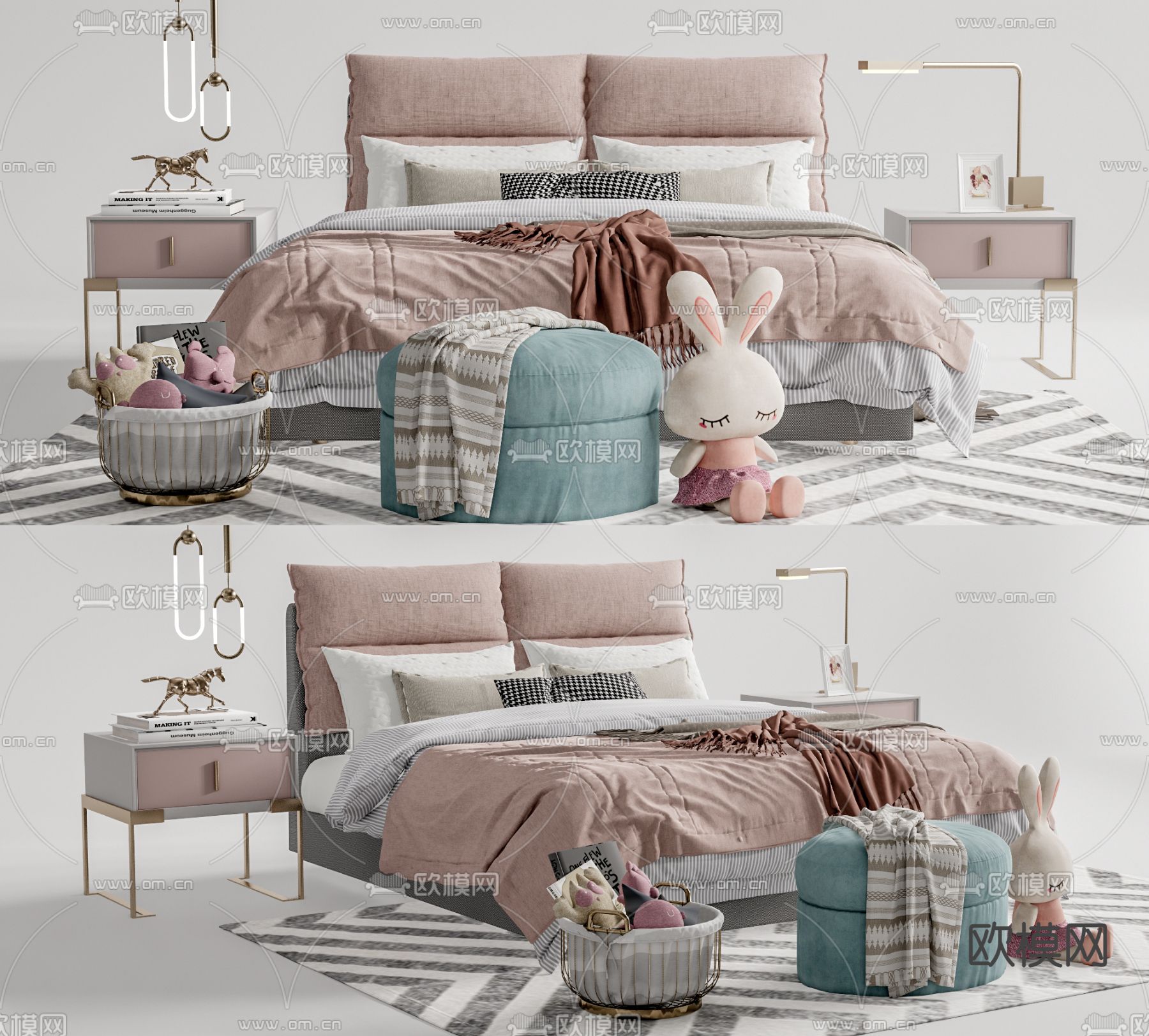 现代儿童双人床su模型下载（渲染图1）