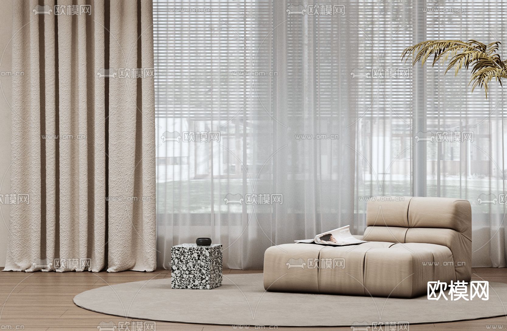 侘寂风布艺窗帘3d模型下载（渲染图2）