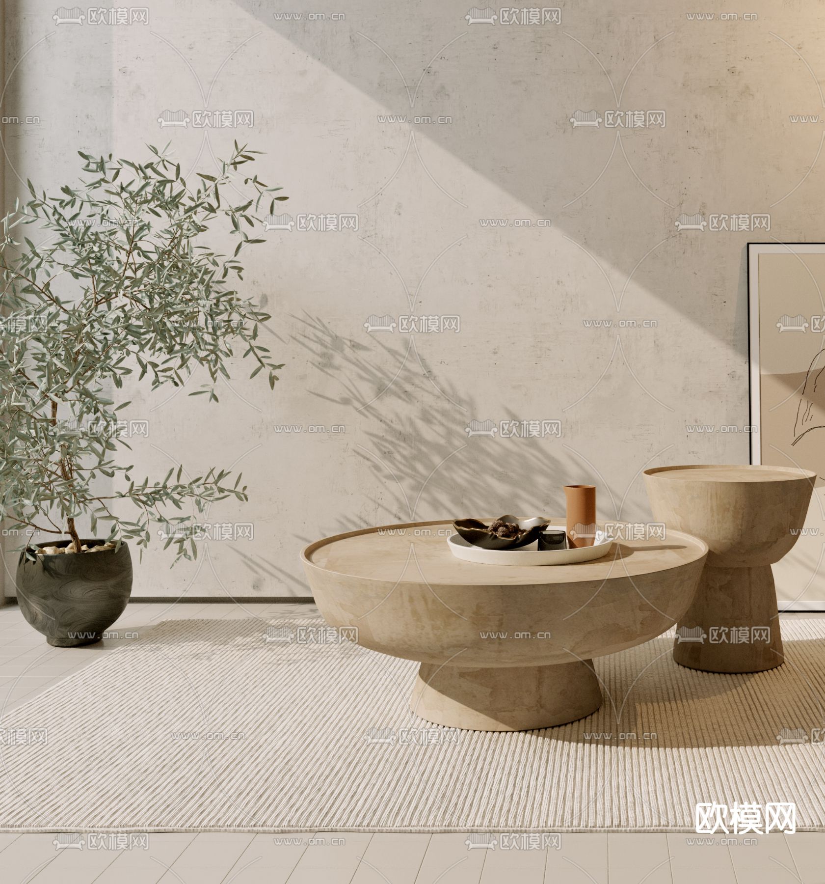 侘寂风实木茶几3d模型下载（渲染图2）