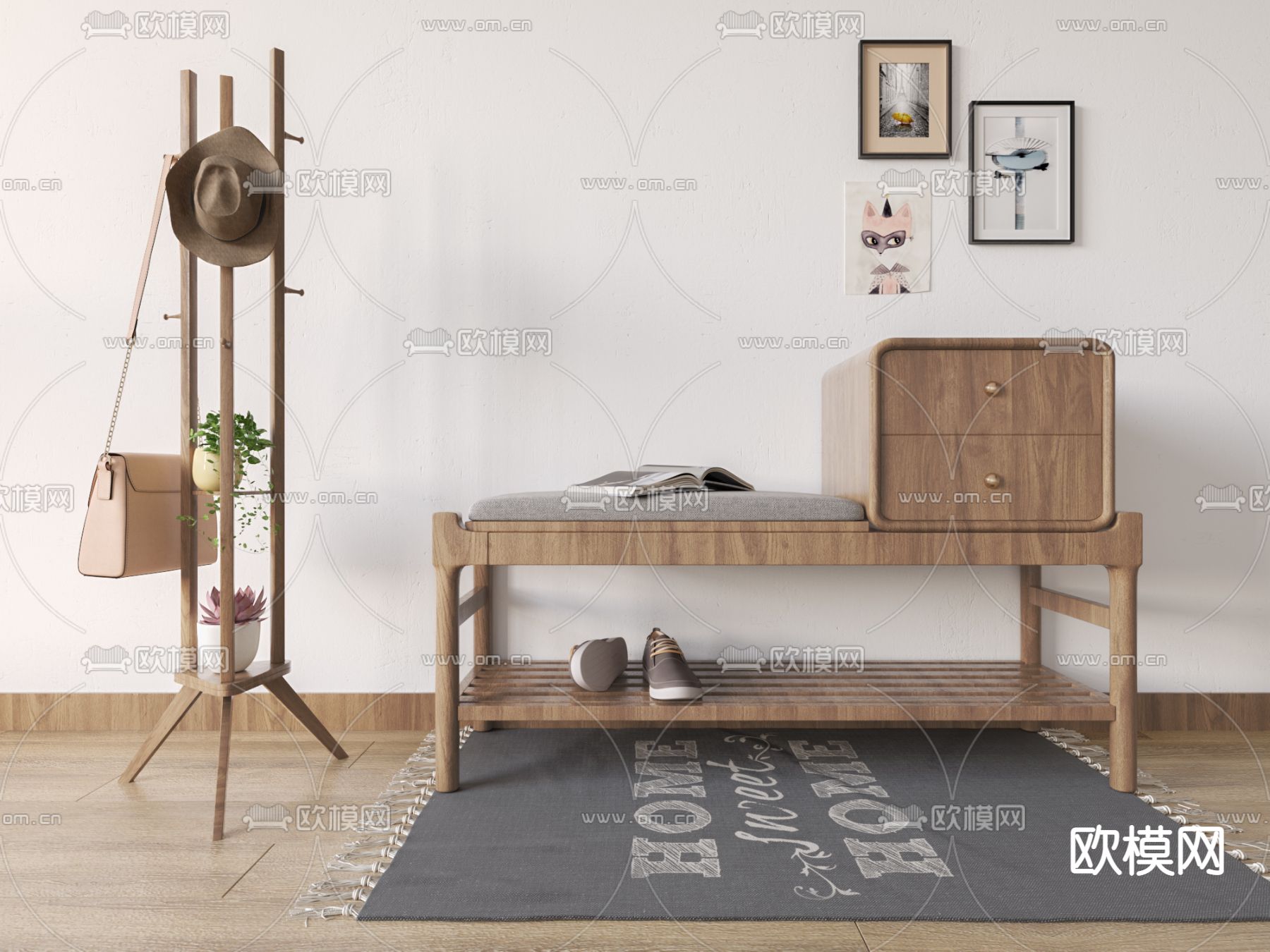 北欧实木换鞋凳su模型下载（渲染图1）