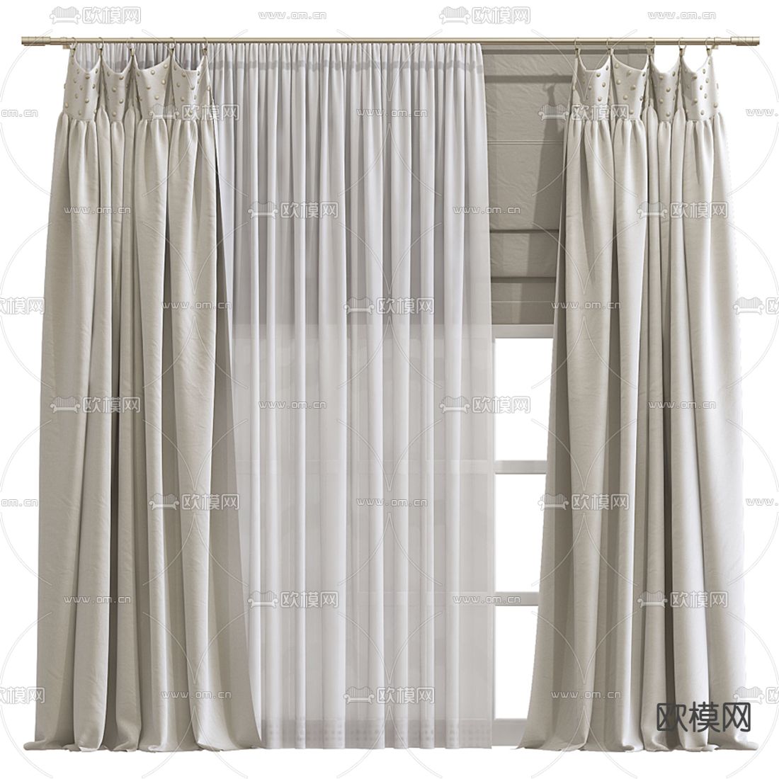 现代布艺窗帘3d模型下载（渲染图1）