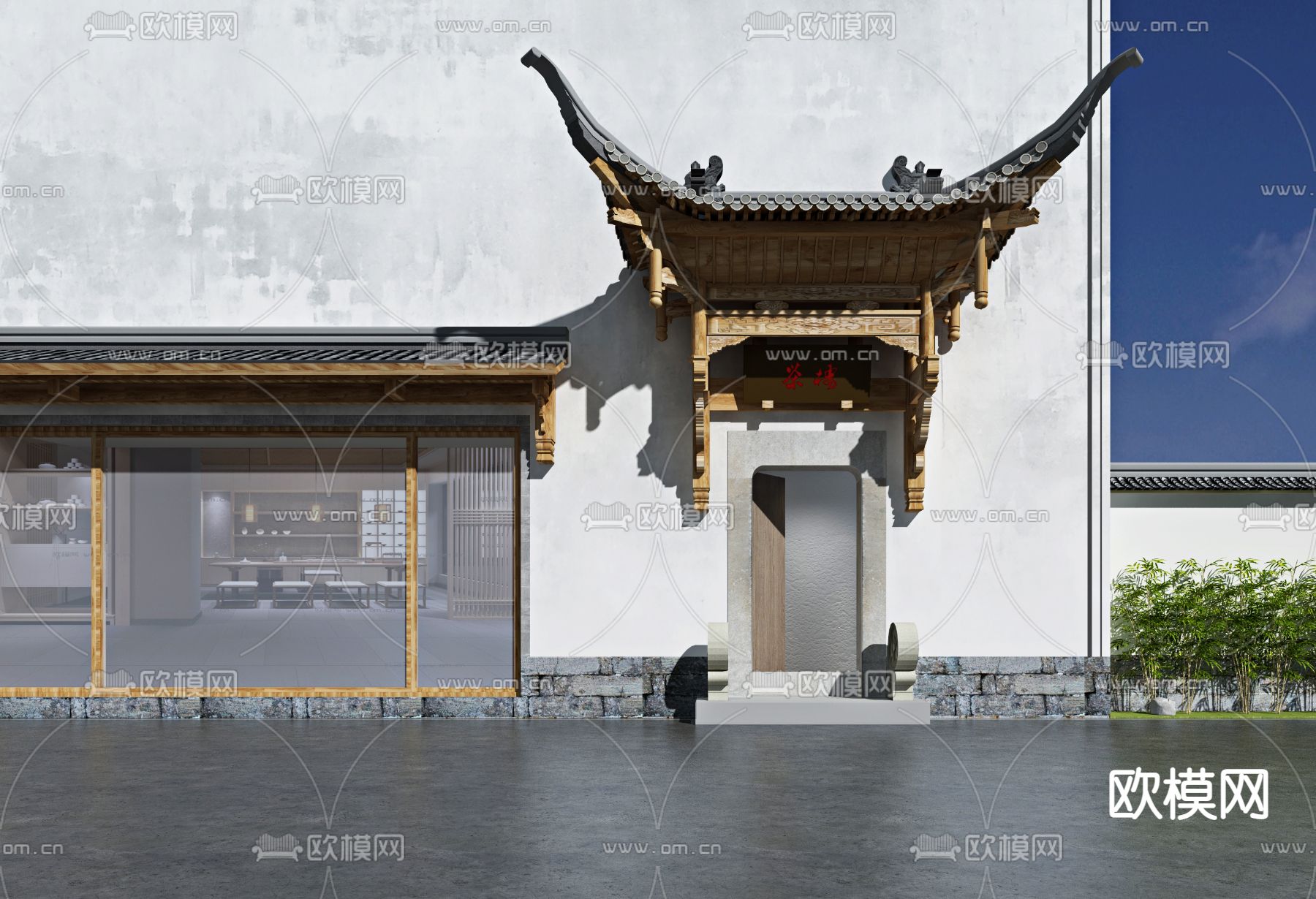 新中式茶楼门头3d模型下载（渲染图1）