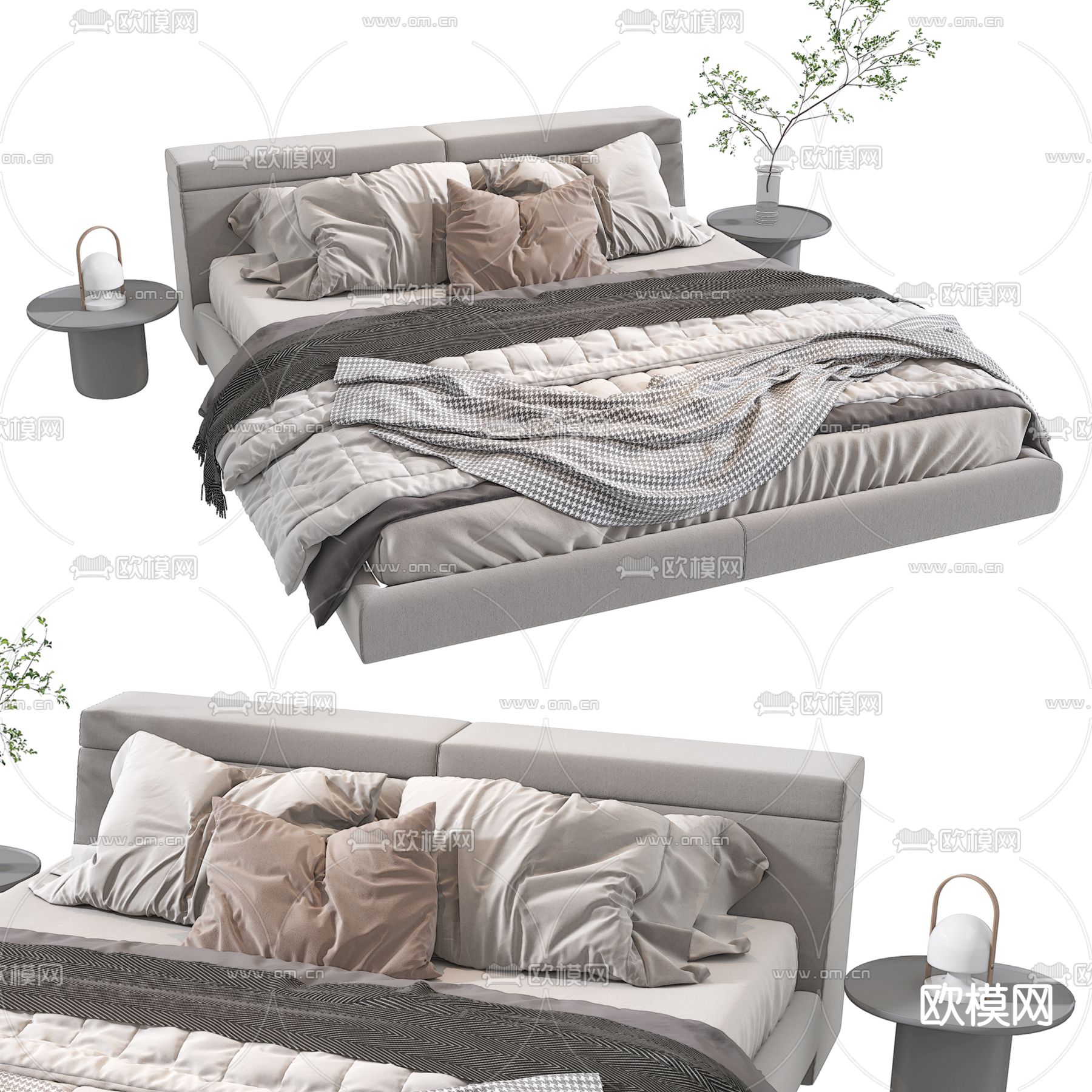 现代布艺双人床su模型下载（渲染图1）