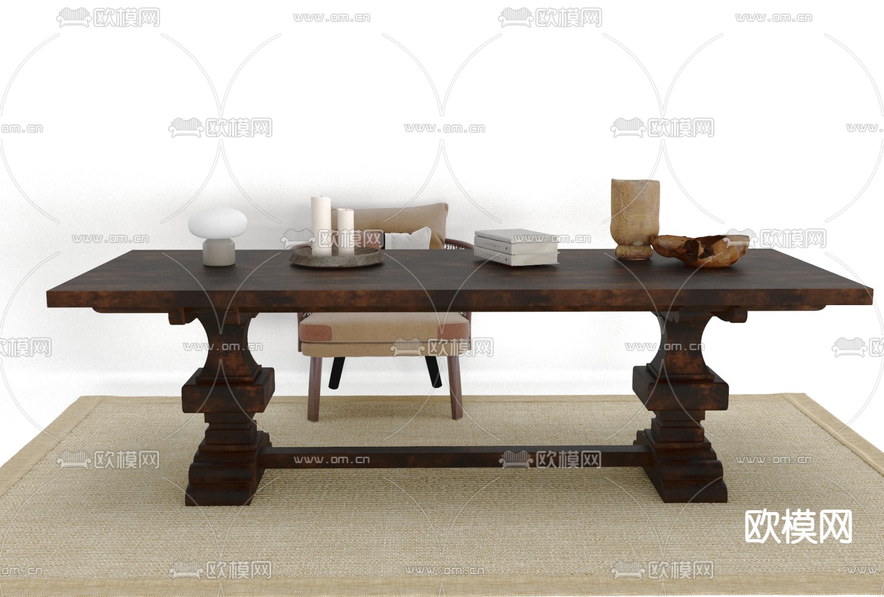 新中式实木书桌椅免费3d模型下载