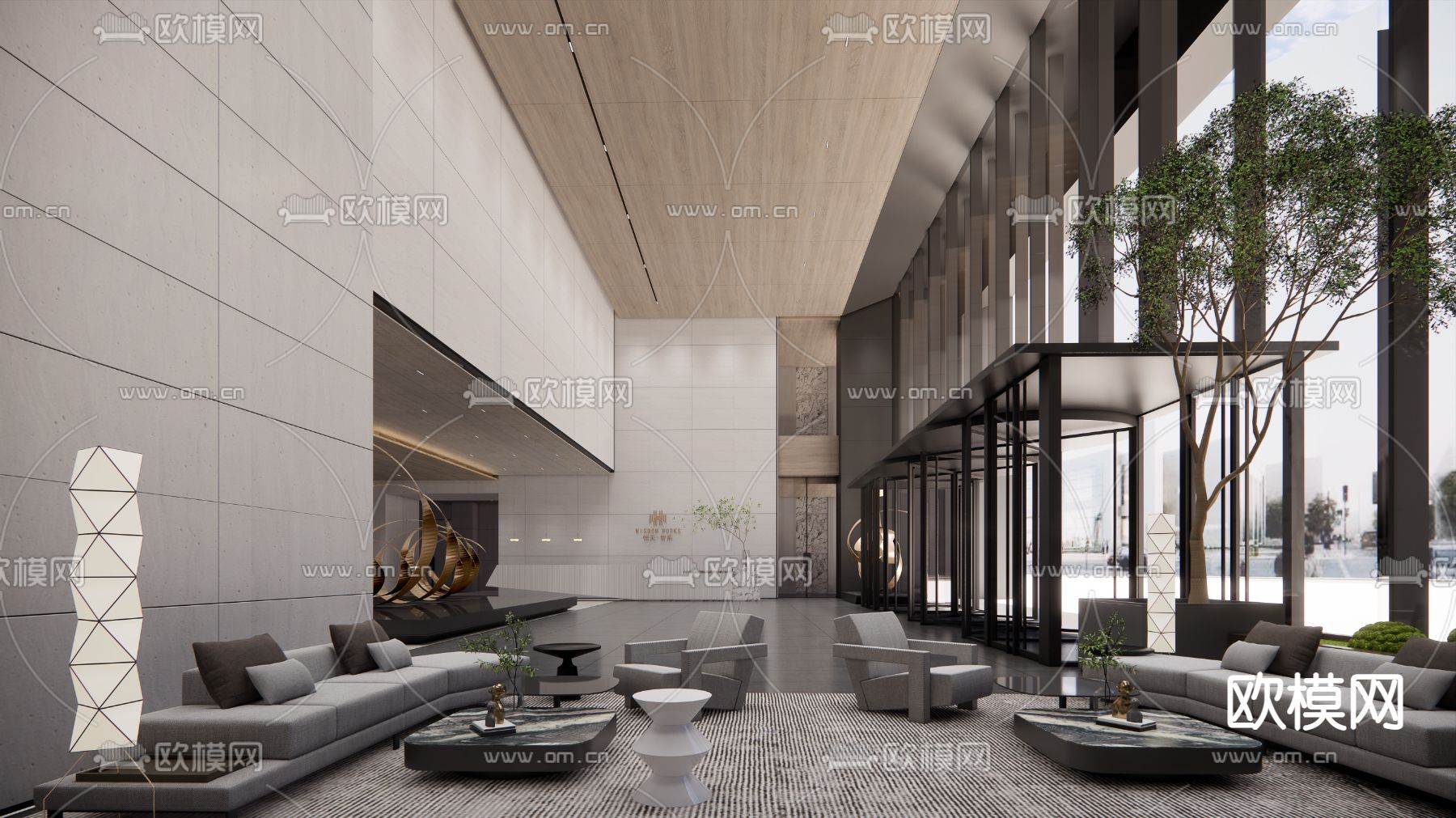 现代酒店大堂su模型下载（渲染图1）