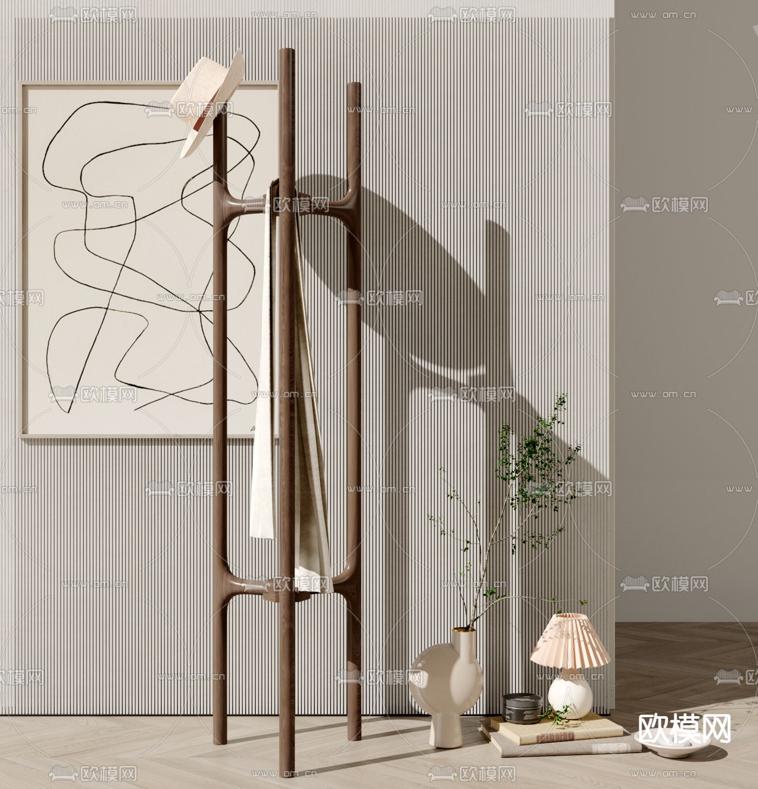 现代实木衣架3d模型下载（渲染图1）