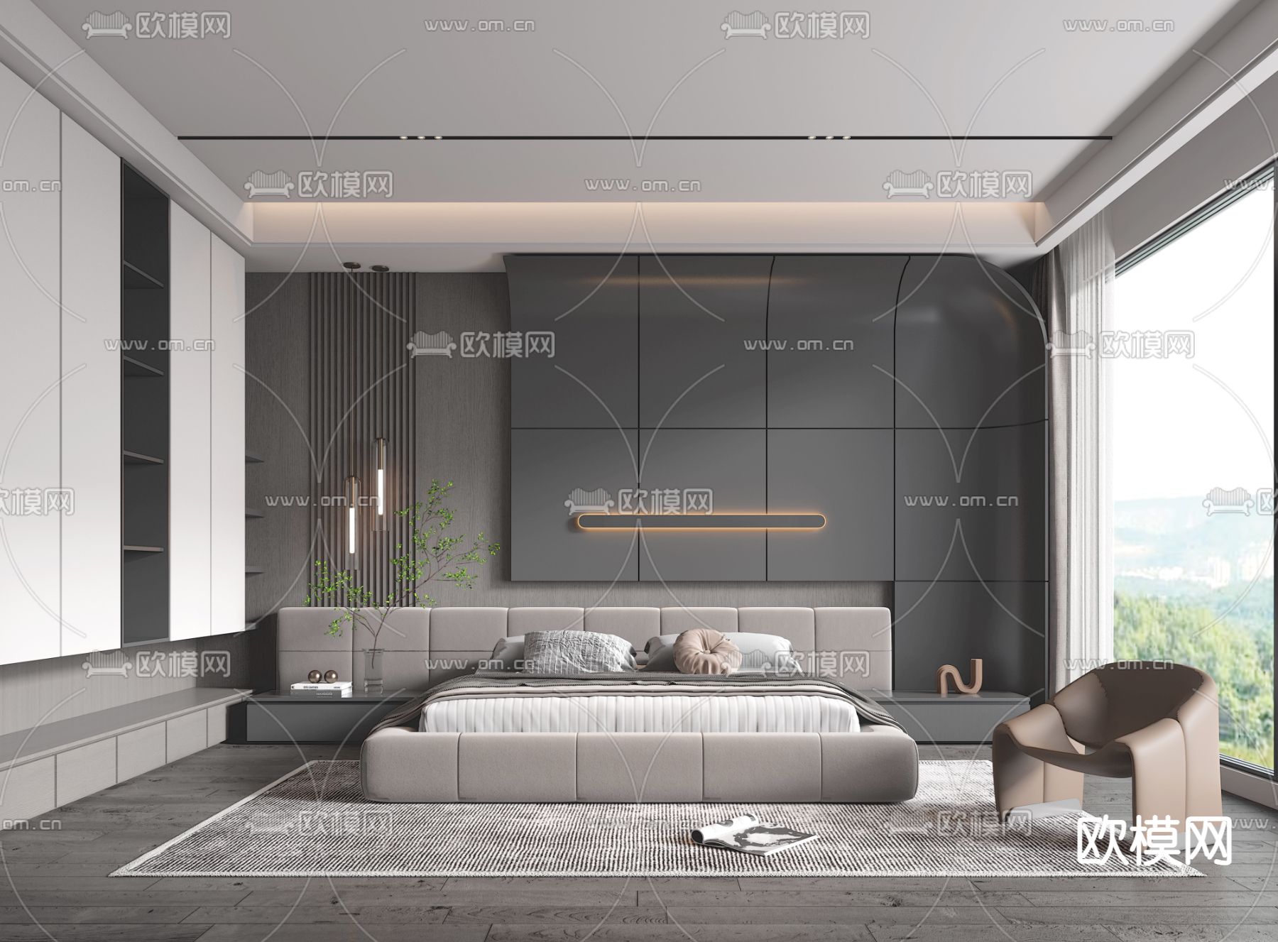 现代卧室su模型下载（渲染图1）
