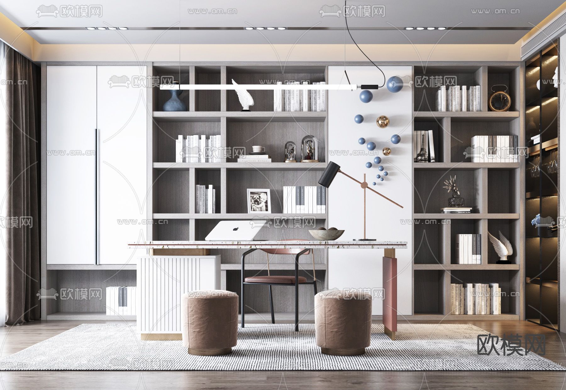 现代轻奢书房3d模型下载