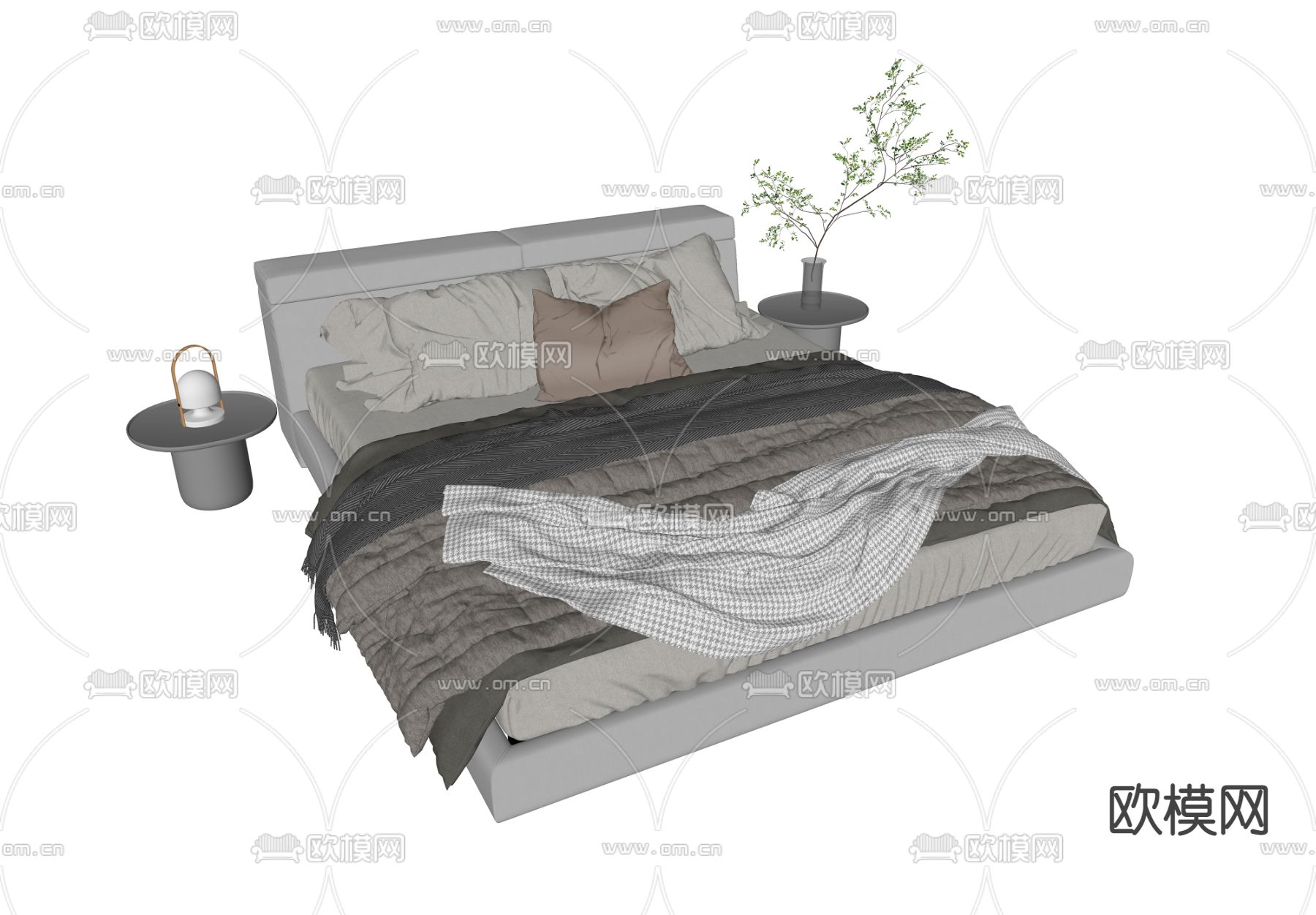 现代布艺双人床su模型下载（渲染图2）