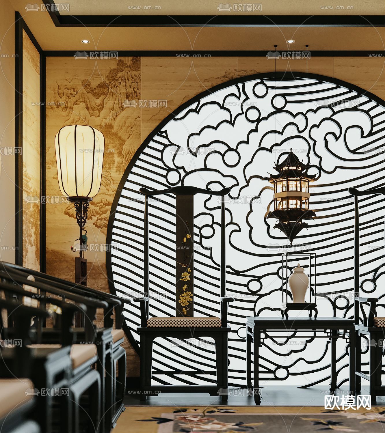 中式剧本杀包间3d模型下载（渲染图2）