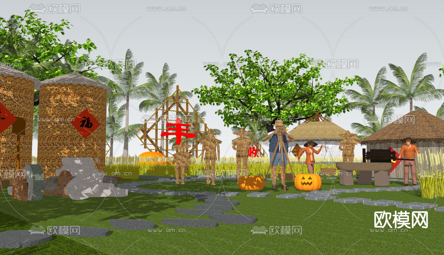 现代稻草人农田景观su模型下载（渲染图2）