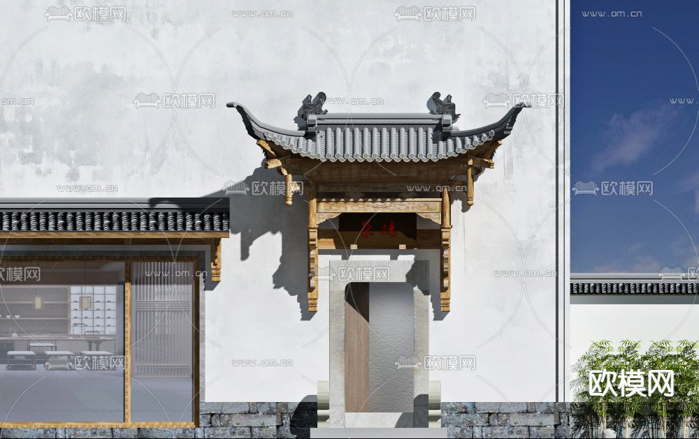 新中式茶楼门头3d模型下载（渲染图2）