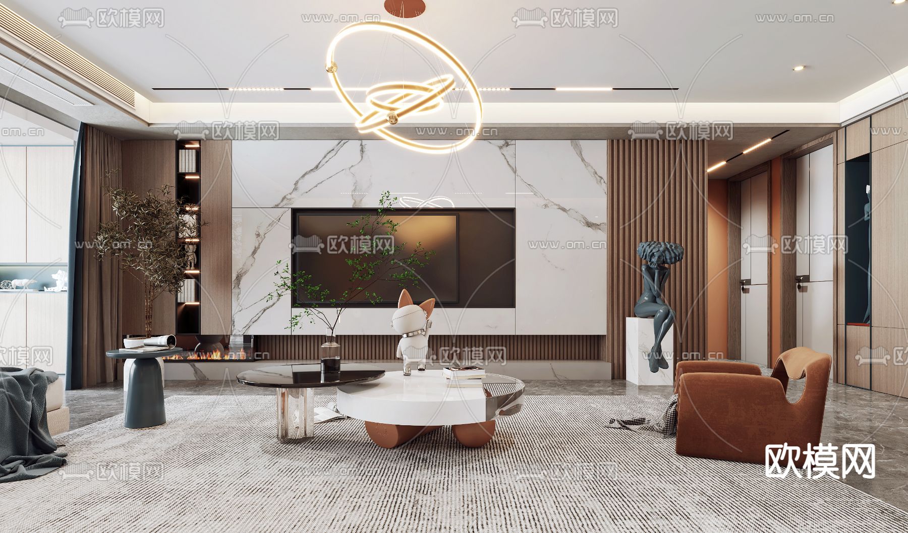 现代轻奢客厅餐厅3d模型下载（渲染图4）