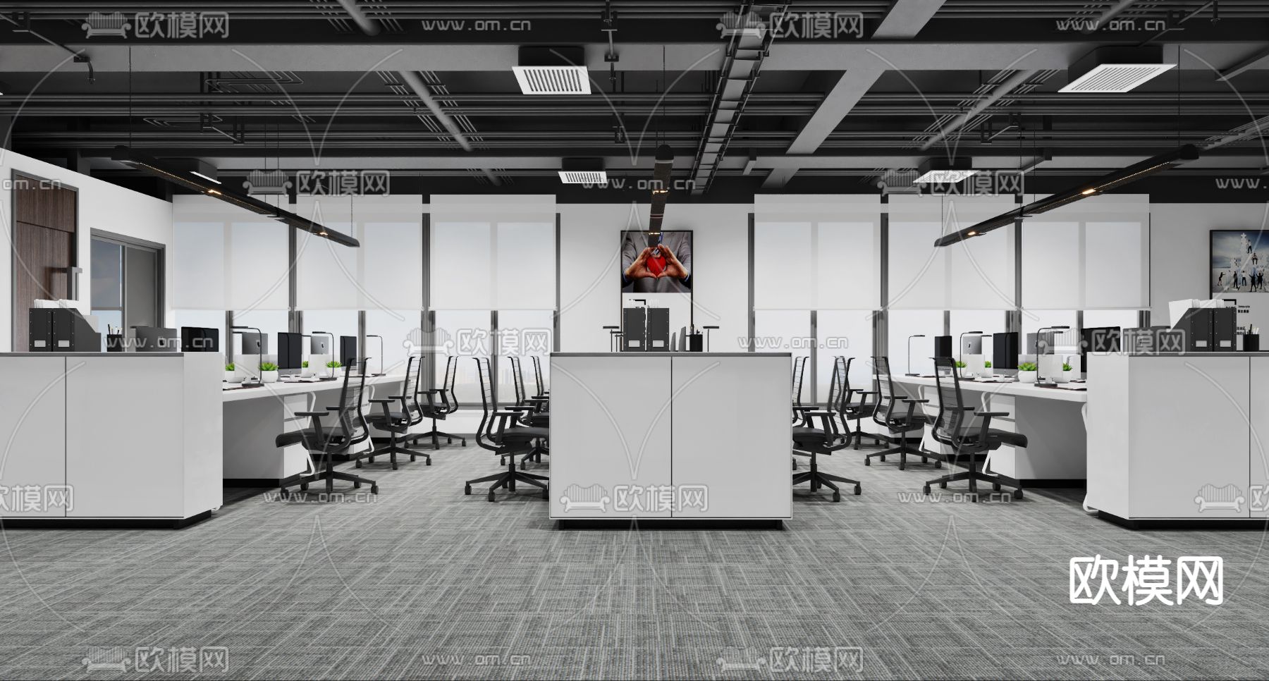 现代敞开式办公室3d模型下载（渲染图1）