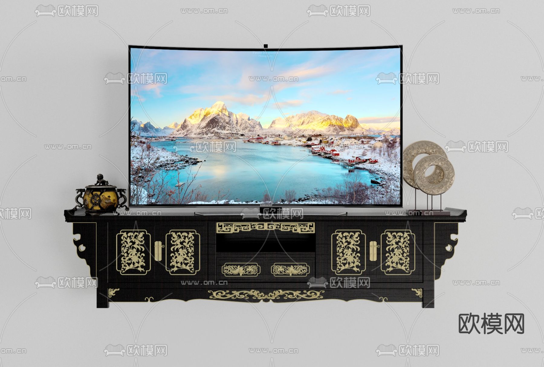 新中式电视柜免费3d模型下载