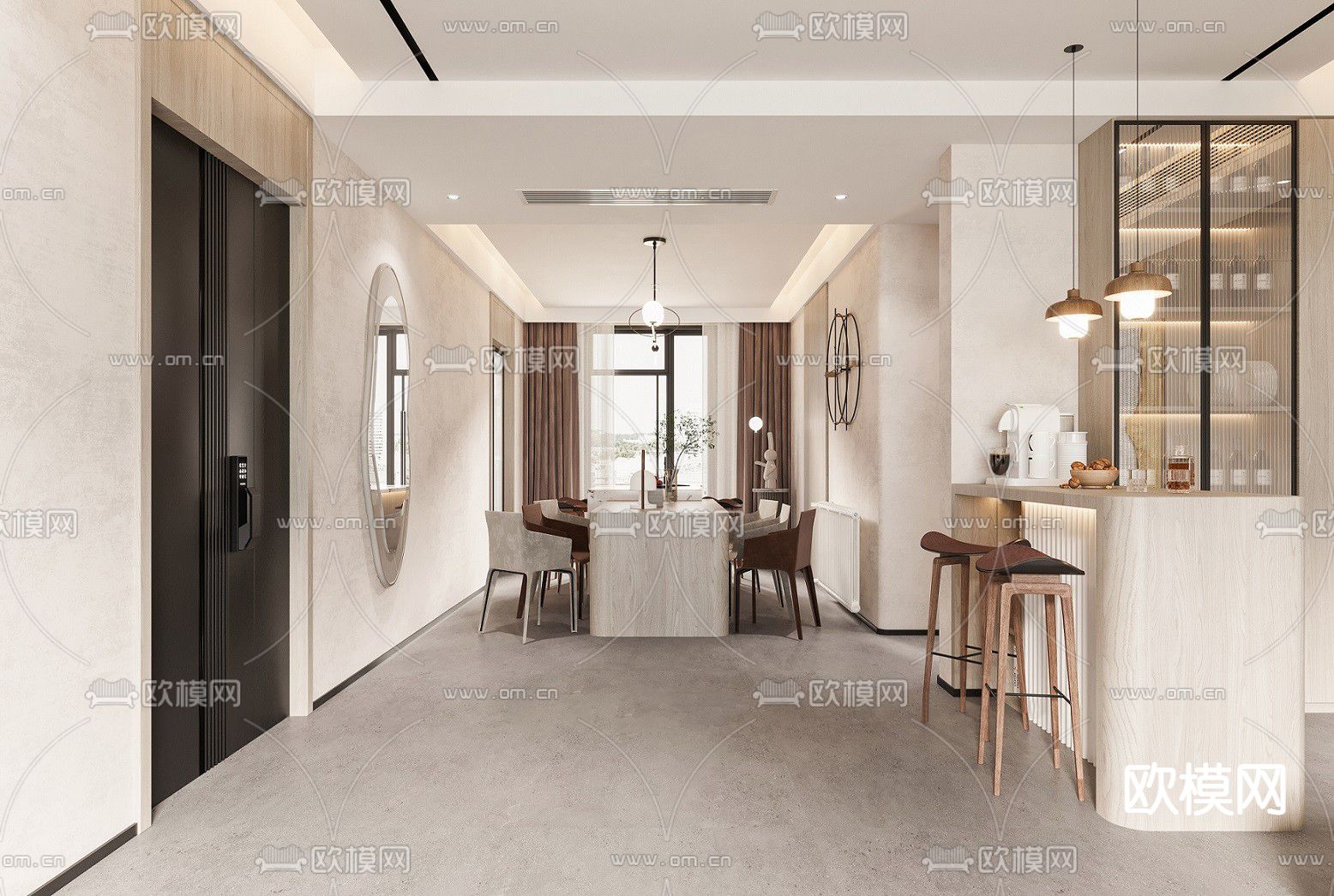 现代客厅餐厅3d模型下载（渲染图2）