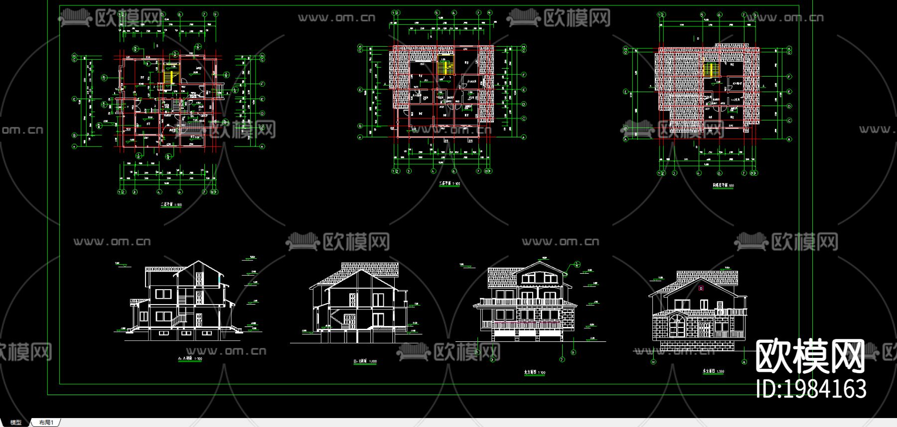 三层小别墅cad施工图-免费3dmax模型库-欧模网