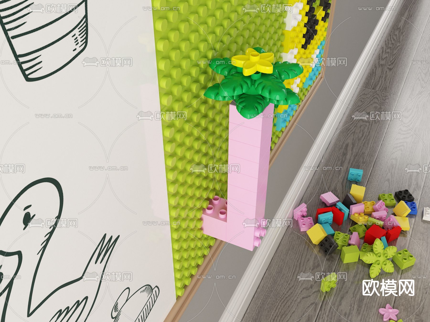现代积木玩具黑板墙3d模型下载（渲染图3）